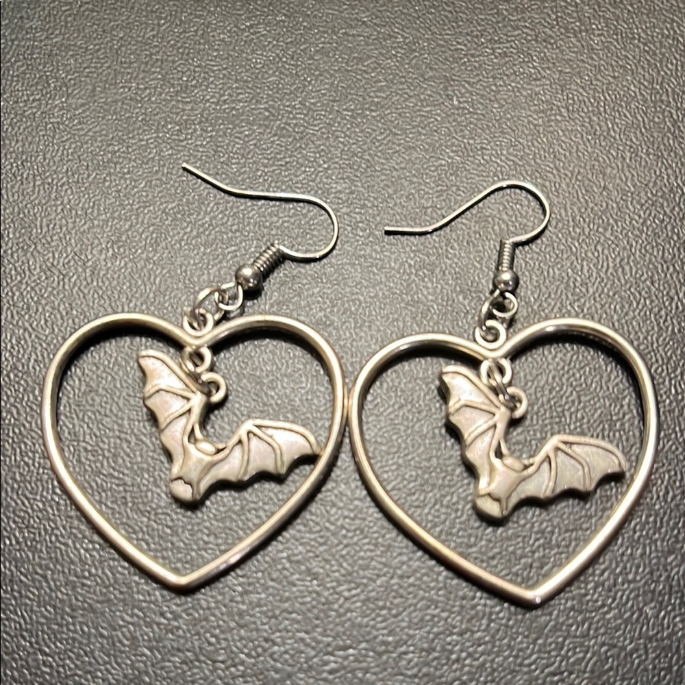 Silver Heart Bat Earrings